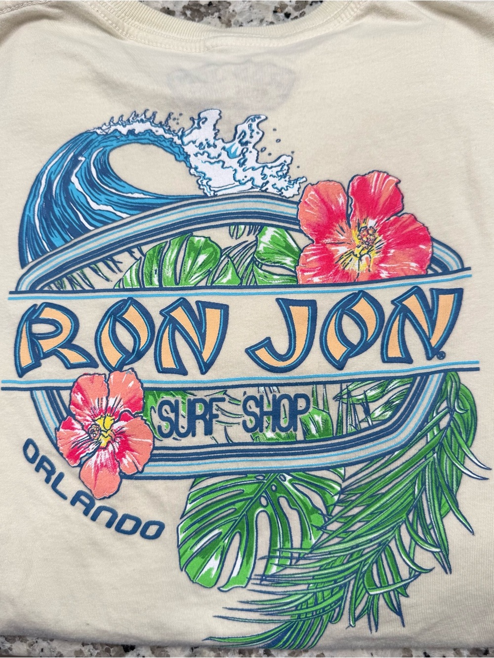 Ron Jon Surf Shop Orlando Kids L Graphic T Shirt Cream Tropical Beach NWOT